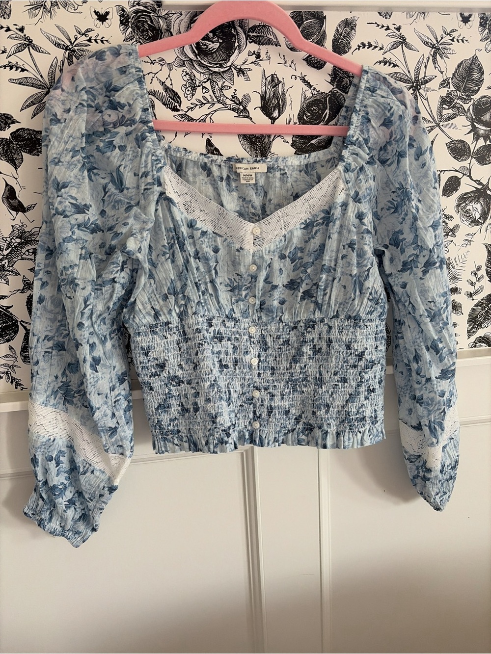 American Eagle Outfitters Light Blue Floral Smocked Peasant Blouse